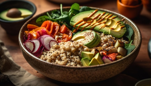 Eine Schüssel Quinoa mit Avocado, Avocado und Tomatensauce.