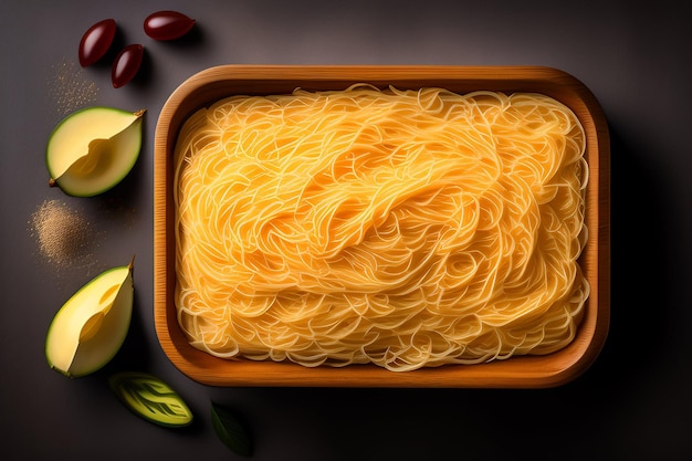 Kostenloses Foto eine schüssel spaghetti mit einer birne und oliven an der seite