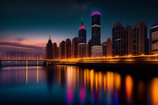 Eine Stadtlandschaft mit blauem Himmel und Lichtern, die „Dubai“ sagen