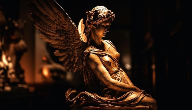 Kostenloses Foto eine statue eines engels mit flügeln und flügeln sitzt auf einem tisch.