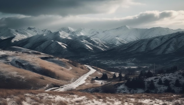 Kostenloses Foto eine straße, die zu einer schneebedeckten bergkette führt