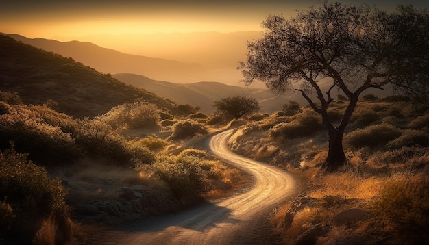 Kostenloses Foto eine straße in den bergen mit einem sonnenuntergang im hintergrund.