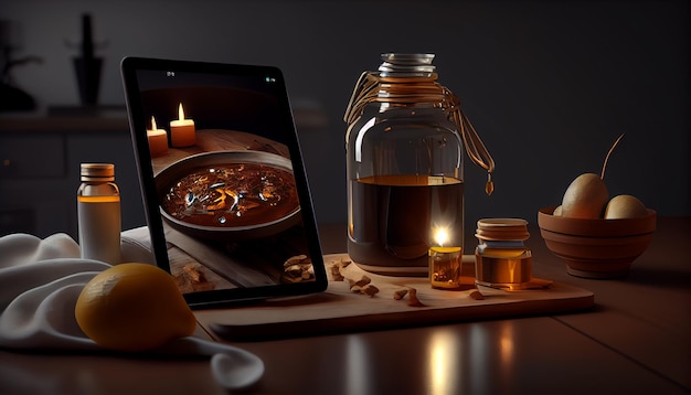 Kostenloses Foto eine tafel mit dem bild einer suppe darauf neben einem glas honig.