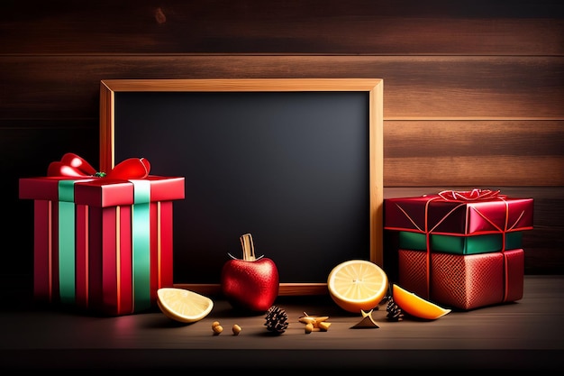 Kostenloses Foto eine tafel mit einem weihnachtsgeschenk und einem roten apfel darauf