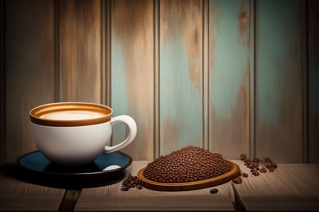 Eine Tasse Kaffee und Bohnen auf einem Holztisch