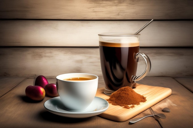 Eine Tasse Kaffee und eine Tasse Kaffee auf einem Holztisch.