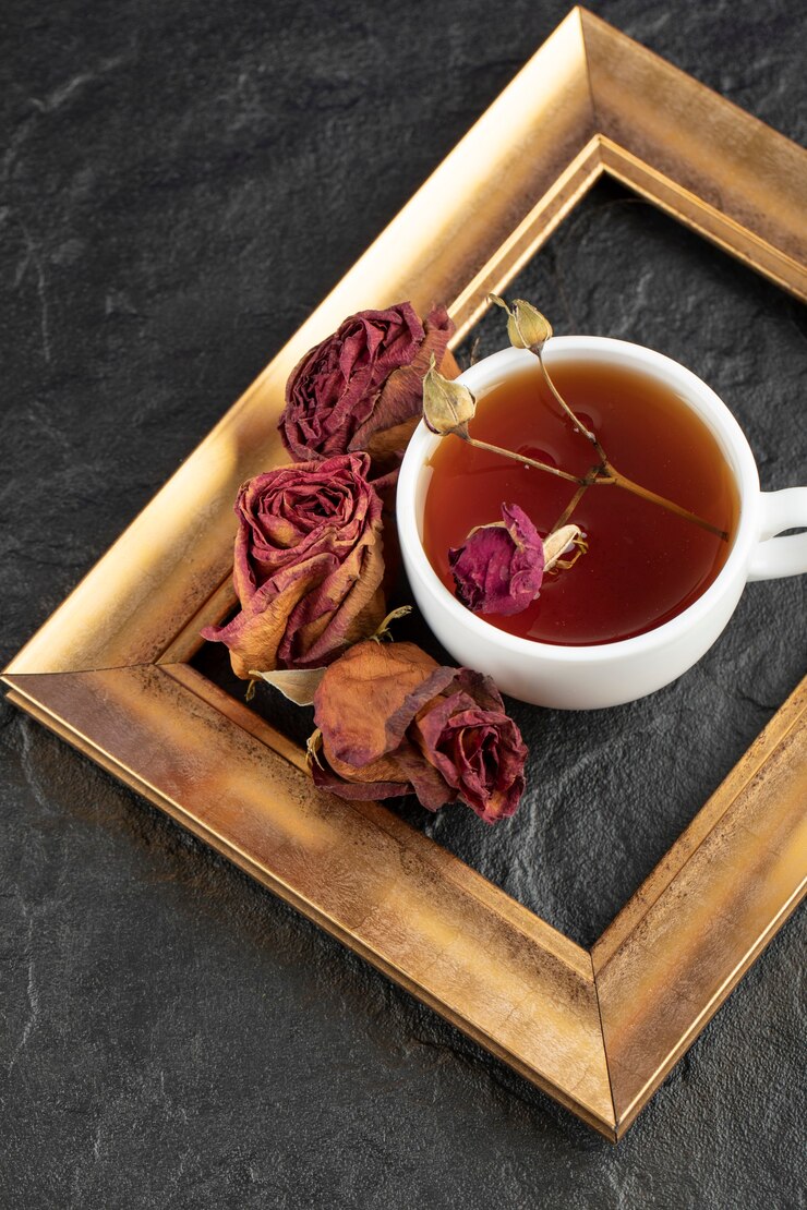 Kostenlose Foto eine tasse tee mit getrockneter rose und rahmen auf einem schwarzen tisch.