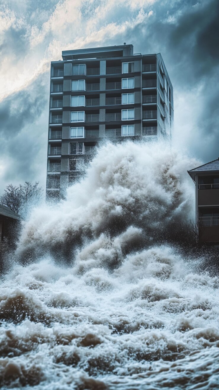 Kostenlose Foto eine tsunamiwelle stürzt in die stadt und beschädigt gebäude