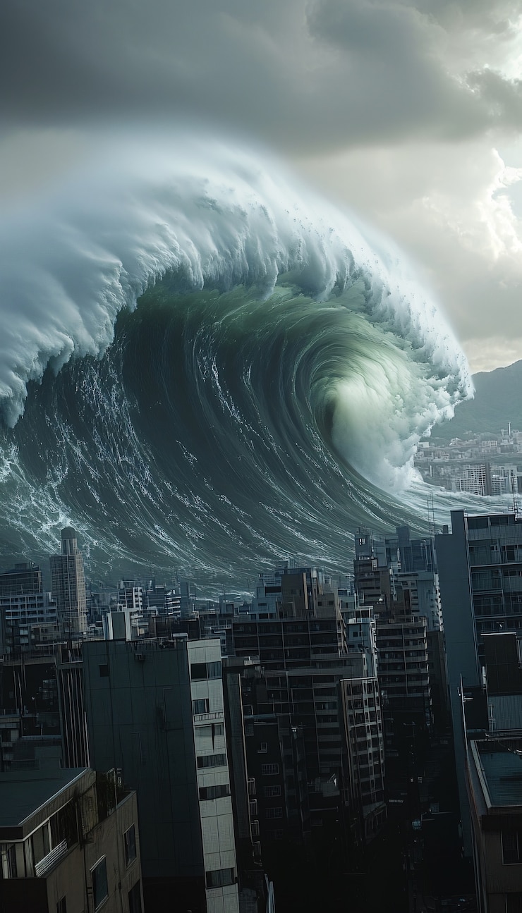 Kostenlose Foto eine tsunamiwelle stürzt in die stadt und beschädigt gebäude