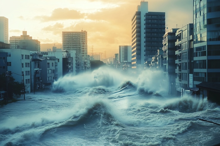 Kostenlose Foto eine tsunamiwelle stürzt in die stadt und beschädigt gebäude