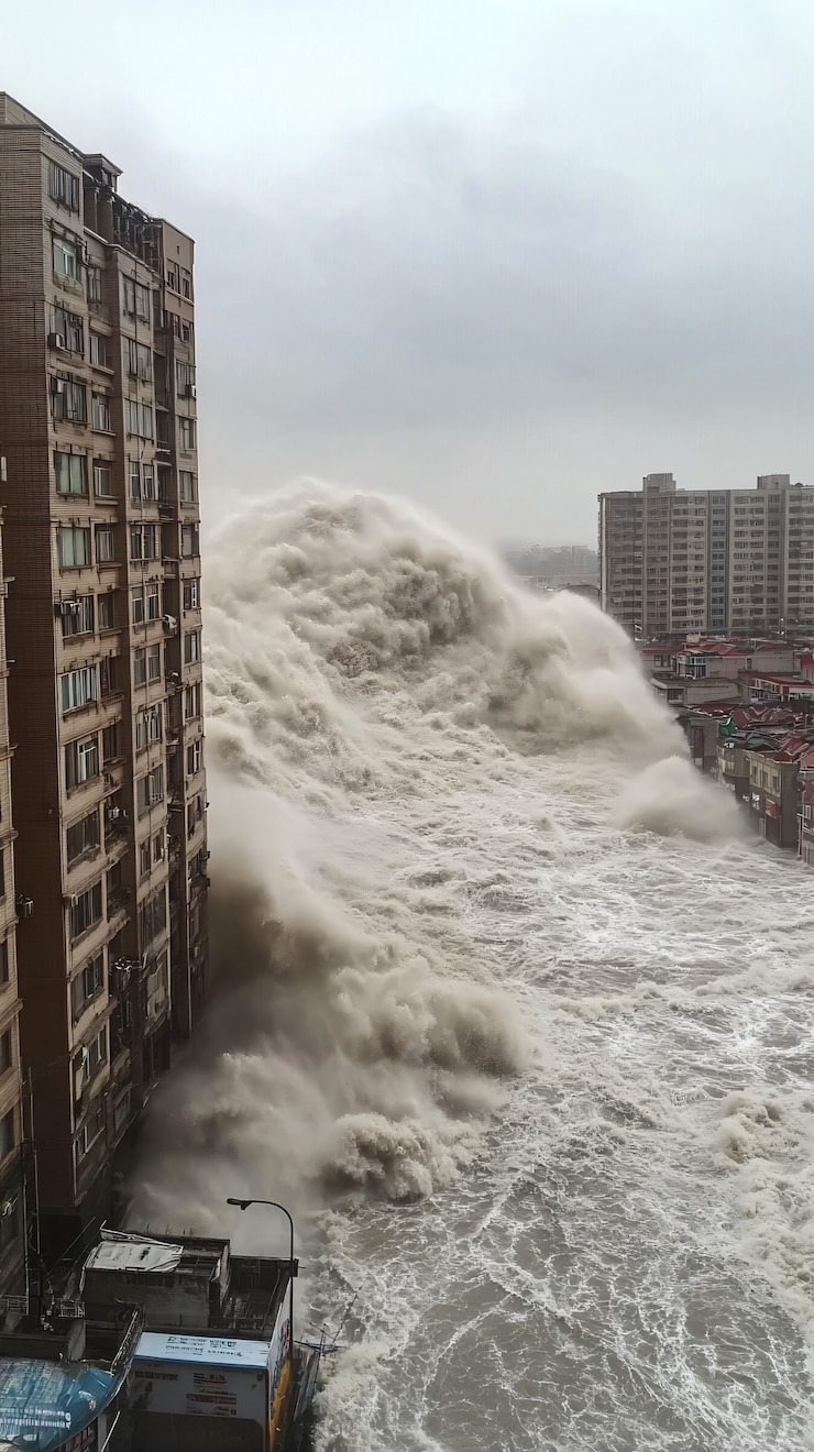 Kostenlose Foto eine tsunamiwelle stürzt in die stadt und beschädigt gebäude
