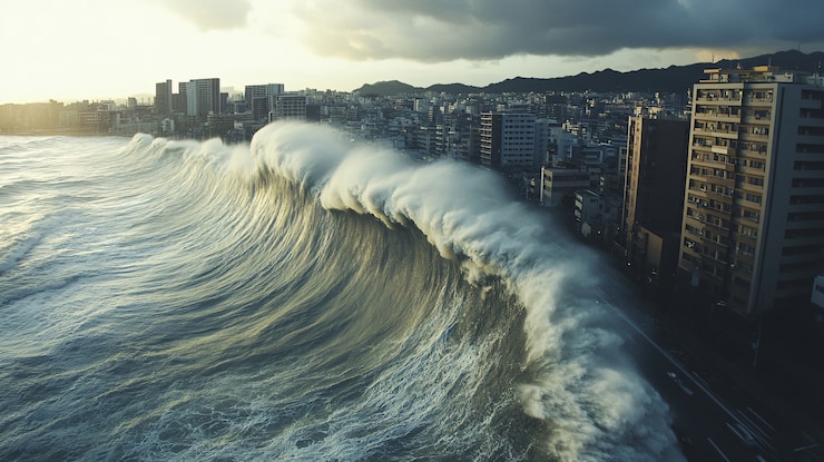 Kostenlose Foto eine tsunamiwelle stürzt in die stadt und beschädigt gebäude