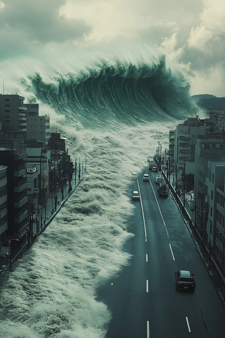 Kostenlose Foto eine tsunamiwelle stürzt in die stadt und beschädigt gebäude