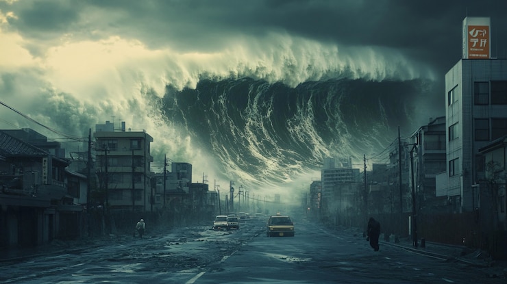 Kostenlose Foto eine tsunamiwelle stürzt in die stadt und beschädigt gebäude