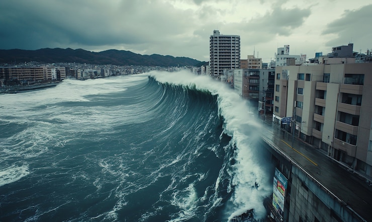 Kostenlose Foto eine tsunamiwelle stürzt in die stadt und beschädigt gebäude