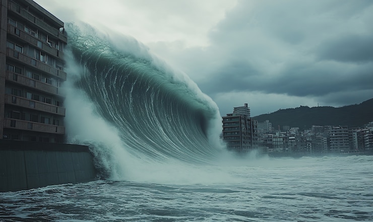 Kostenlose Foto eine tsunamiwelle stürzt in die stadt und beschädigt gebäude
