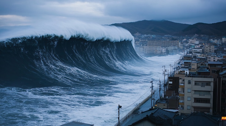 Kostenlose Foto eine tsunamiwelle stürzt in die stadt und beschädigt gebäude
