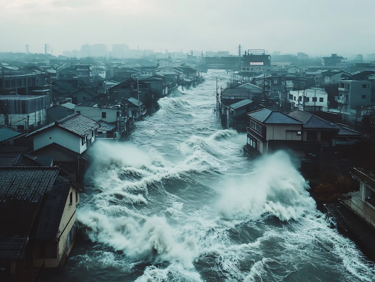 Kostenlose Foto eine tsunamiwelle stürzt in die stadt und beschädigt gebäude