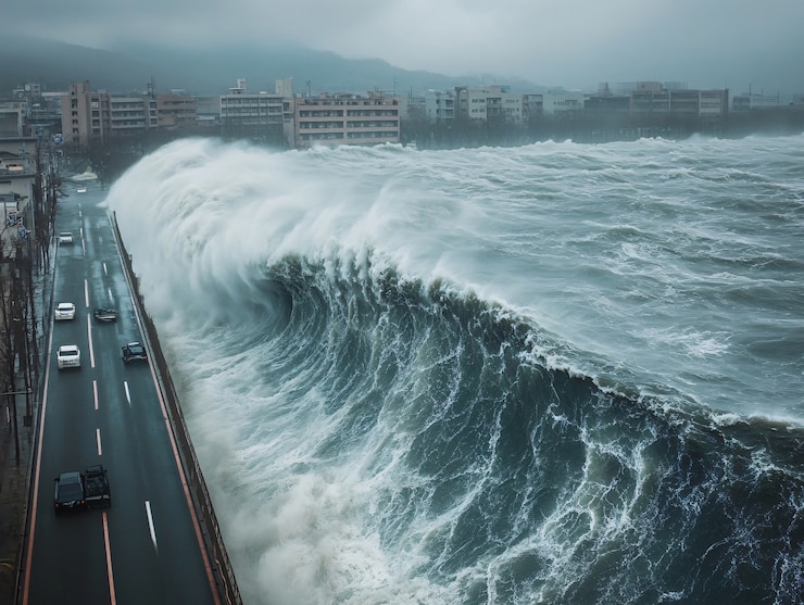 Kostenlose Foto eine tsunamiwelle stürzt in die stadt und beschädigt gebäude