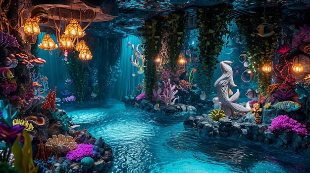 Kostenloses Foto eine unterwasser-poolparty mit meerjungfrauen- und meerestierdekorationen, die ein wasserwunder schaffen