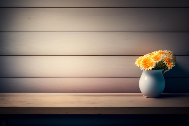 Eine Vase mit Blumen auf einem Tisch mit einer Holzwand dahinter.