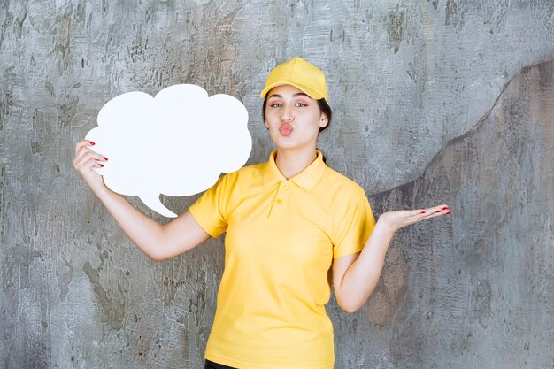 Eine Verkäuferin in gelber Uniform, die eine Infotafel in Wolkenform hält und positive Zeichen zeigt.