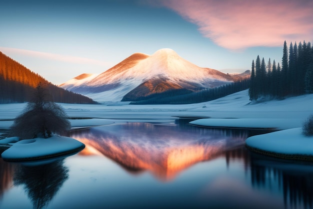 Eine verschneite Berglandschaft mit einem See und einem schneebedeckten Berg im Hintergrund