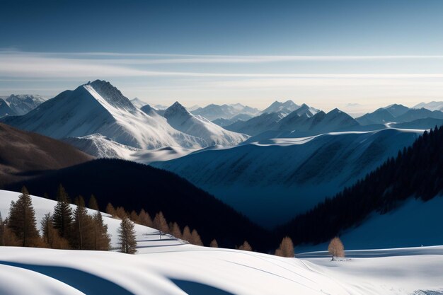 Eine verschneite Berglandschaft mit einer Bergkette im Hintergrund.