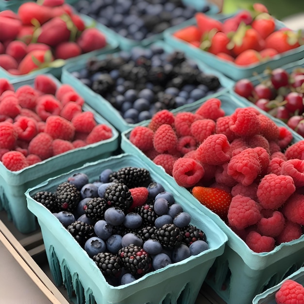 Kostenloses Foto eine vielzahl von frischen beeren in plastikkästen auf dem tisch