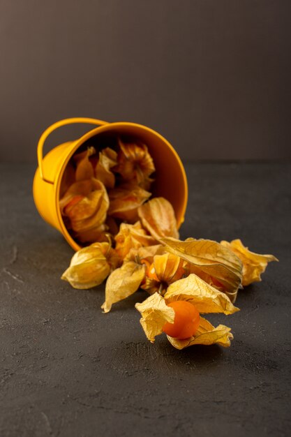 Eine Vorderansicht schälte orange Früchte innerhalb des gelben Korbs lokalisiert auf grau