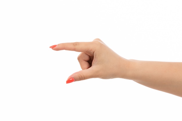 Eine weibliche Hand der Vorderansicht mit den farbigen Nägeln hob Hand auf dem Weiß an