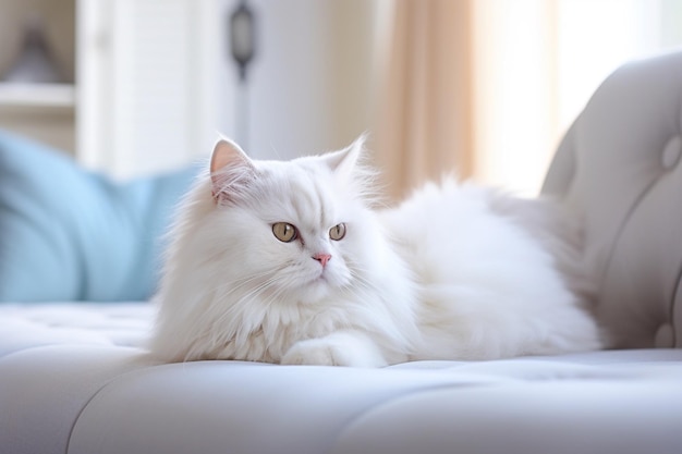 Kostenloses Foto eine weiße flauschige katze auf einer weißen couch in der nähe von niedlichen katzen