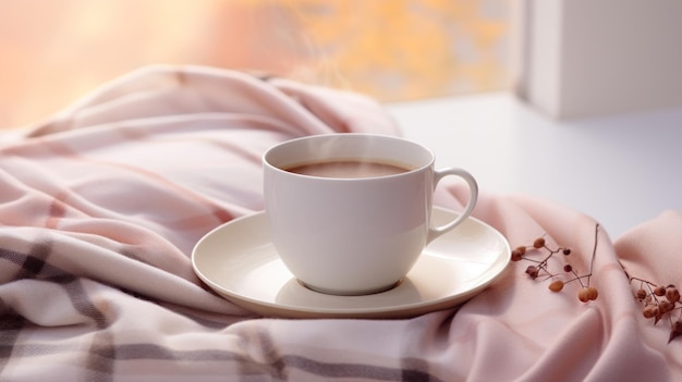 Kostenloses Foto eine weiße tasse, gefüllt mit heißem kaffee oder tee und einer prise milch, sitzt neben einem gemütlichen elfenbeinfarbenen plaid