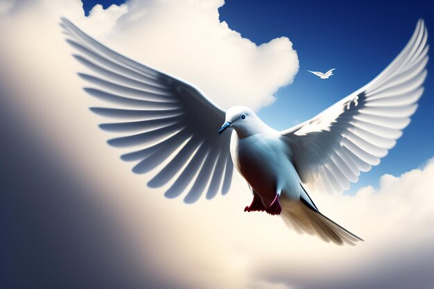 Eine weiße Taube, die mit ausgebreiteten Flügeln in den Himmel fliegt.