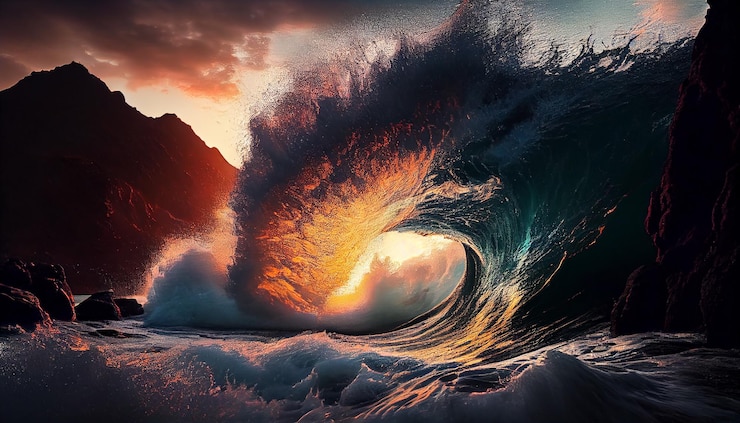 Kostenlose Foto eine welle kracht vor einem berg.