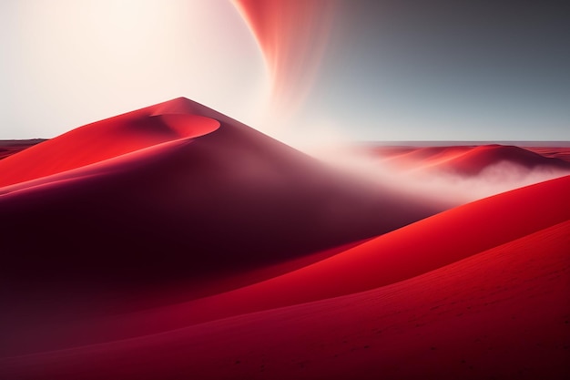 Eine Wüstenszene mit einer roten Düne im Hintergrund.