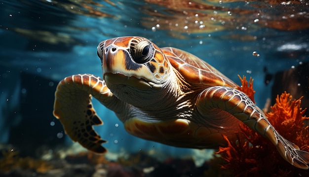 Kostenloses Foto eine wunderschöne meeresschildkröte, die im blauen riff schwimmt, erzeugt durch künstliche intelligenz