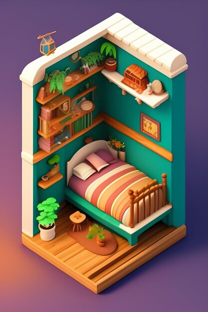 Eine Zeichnung im Cartoon-Stil eines Zimmers mit einem Bett, Büchern und einem Regal mit einer Pflanze darauf.