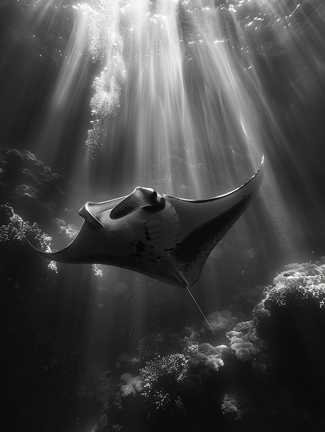 Kostenloses Foto einfarbige ansicht eines manta-rays unter wasser