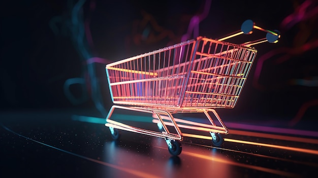 Einkaufswagen mit Einkaufstasche bewegt sich mit Lichtgeschwindigkeit Generative Ai