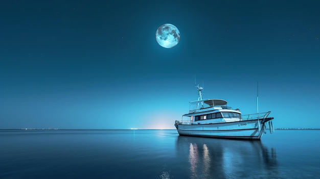 Kostenloses Foto einsame yacht mit super-vollmond-ki-generiertem bild