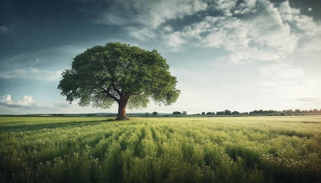 Kostenloses Foto einsamer baum der grünen wiese, ruhiger horizont im morgengrauen, erzeugt durch ki