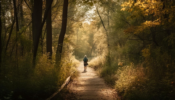 Kostenlose Foto einsamkeit auf dem wanderweg im ki-erzeugten herbstnebel