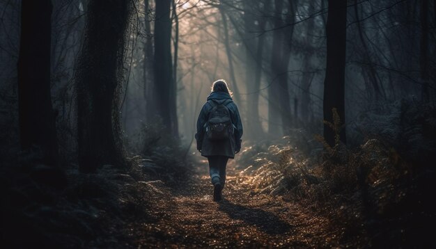 Einsamkeit im gruseligen Waldrucksack-Abenteuer, das von KI generiert wird