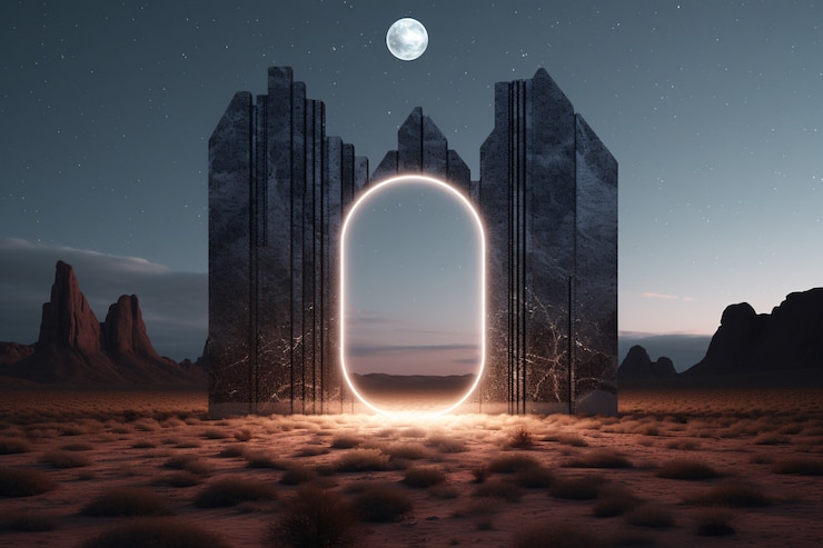 Kostenlose Foto eintritt oder tür im fantasy-stil mit wüstenlandschaft.