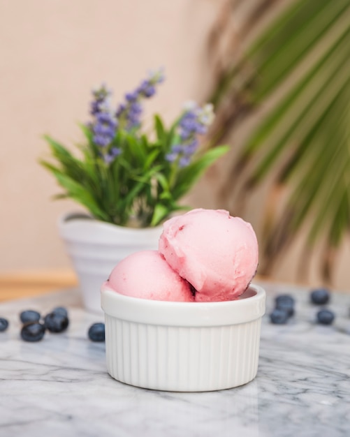 Eiscremekugeln in der Schüssel nahe Beeren und Houseplants