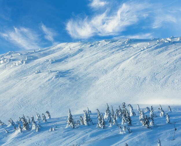 Eisige schneebedeckte tannen und skilift auf dem wintermorgenhügel.