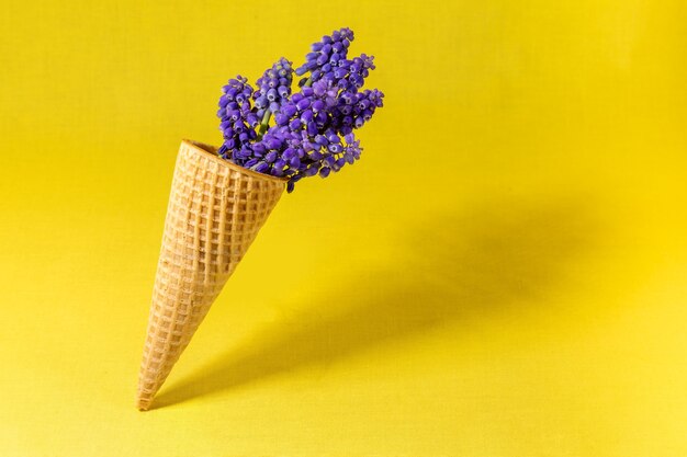 Eistüte mit Blumen auf gelber Wand. Seitenansicht, Kopierraum, Frühlingsblumenkonzept