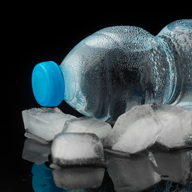 Eiswürfel und Flasche Wasser Vorderansicht
