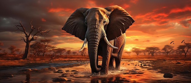 Elefant in der Savanne bei Sonnenuntergang